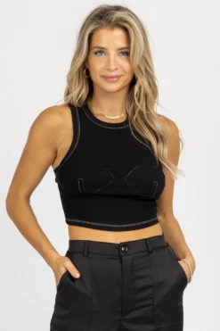 REHAB MOCK NECK STITCH BUST TANK IN BLACK