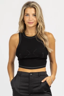 REHAB MOCK NECK STITCH BUST TANK IN BLACK