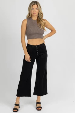 TREND NOTES BLACK BUTTON CROPPED FLARE JEANS CLOTHING 8 TREND NOTES BLACK BUTTON CROPPED FLARE JEANS CLOTHING