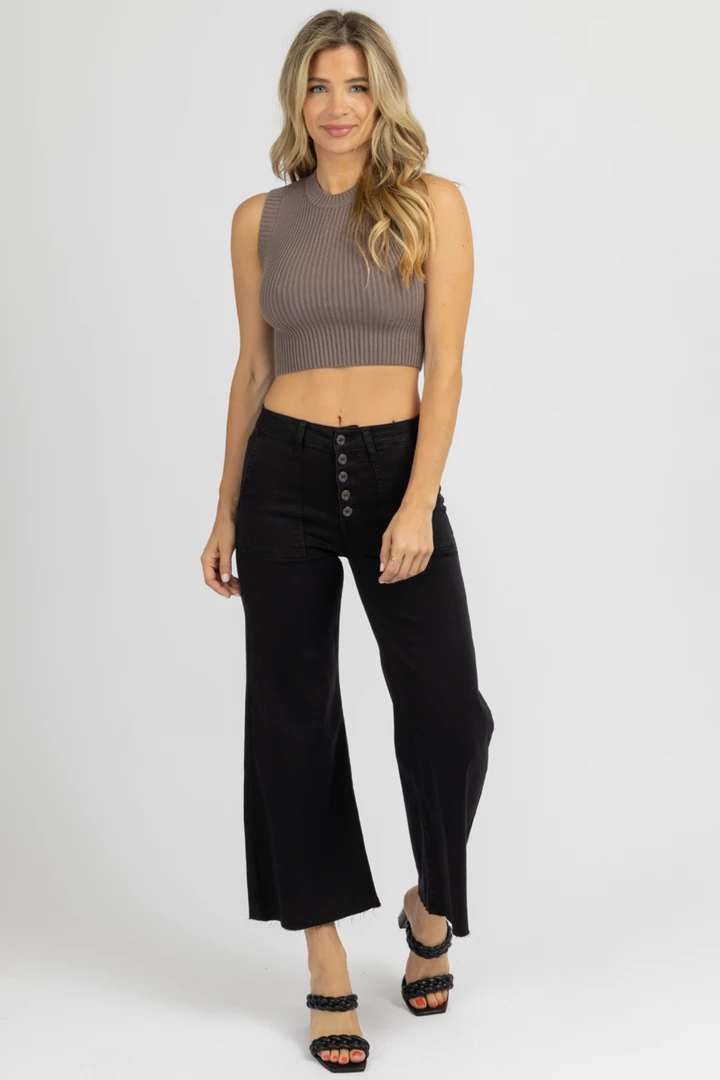 TREND NOTES BLACK BUTTON CROPPED FLARE JEANS CLOTHING 1 TREND NOTES BLACK BUTTON CROPPED FLARE JEANS CLOTHING