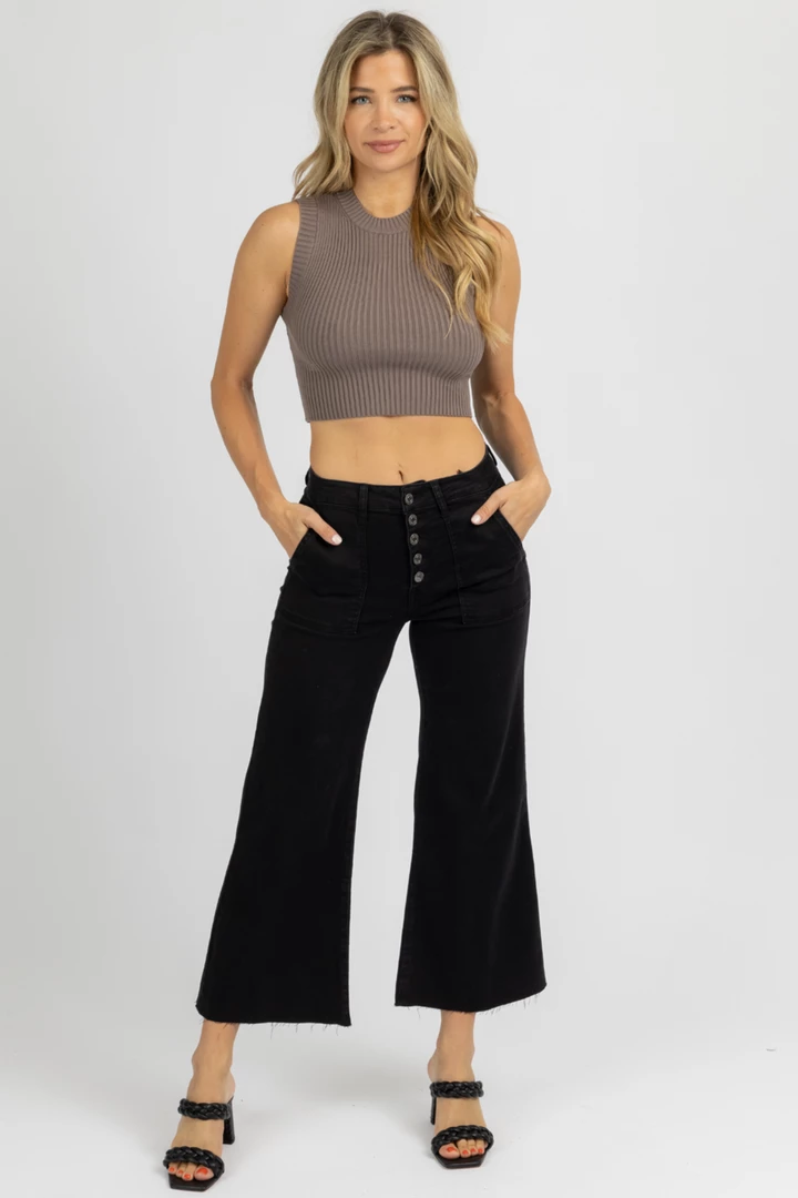 TREND NOTES BLACK BUTTON CROPPED FLARE JEANS CLOTHING 4 TREND NOTES BLACK BUTTON CROPPED FLARE JEANS CLOTHING