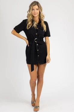 FORE COLLECTION BLACK DENIM BELTED MINI DRESS *BACK IN STOCK*