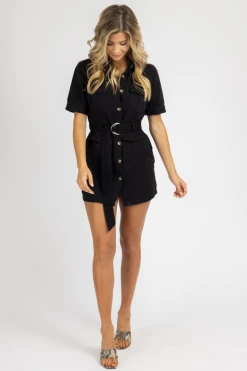 FORE COLLECTION BLACK DENIM BELTED MINI DRESS *BACK IN STOCK*
