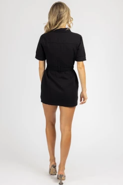FORE COLLECTION BLACK DENIM BELTED MINI DRESS *BACK IN STOCK*