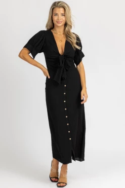 MALIBU BUM BLACK CENTER TIE CAP SLEEVE MAXI DRESS