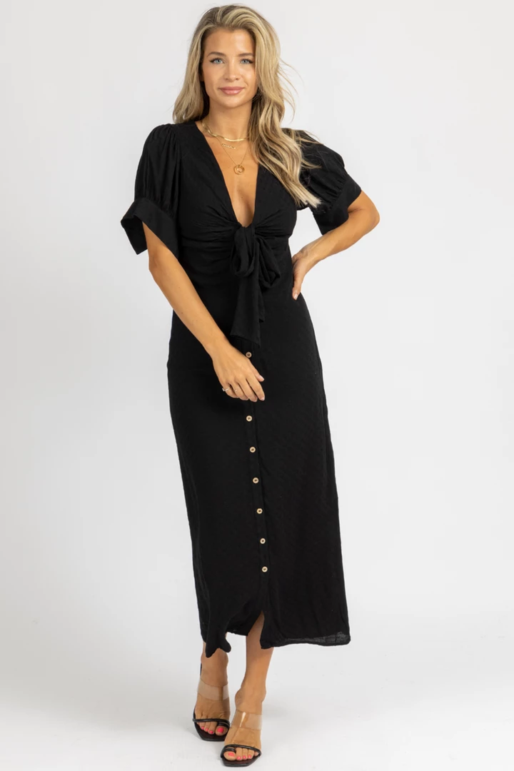 MALIBU BUM BLACK CENTER TIE CAP SLEEVE MAXI DRESS 2 MALIBU BUM BLACK CENTER TIE CAP SLEEVE MAXI DRESS