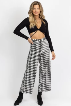 MISS LOVE NEW ARRIVALS B+W CHECK PRINT WIDE LEG PANT