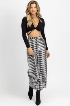 MISS LOVE NEW ARRIVALS B+W CHECK PRINT WIDE LEG PANT