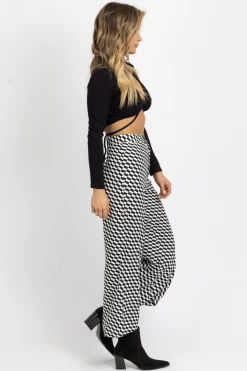MISS LOVE NEW ARRIVALS B+W CHECK PRINT WIDE LEG PANT