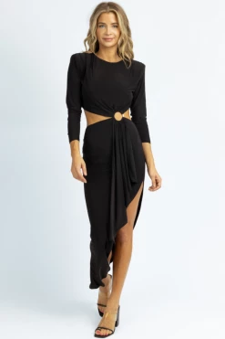 WINWIN APPAREL BLACK LONGSLEEVE CIRCLET CUTOUT MIDI DRESS *BACK IN STOCK* NEW ARRIVALS