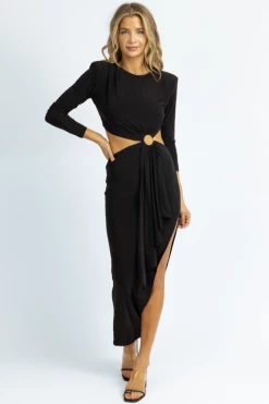 WINWIN APPAREL BLACK LONGSLEEVE CIRCLET CUTOUT MIDI DRESS *BACK IN STOCK* NEW ARRIVALS