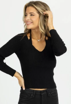 FORE COLLECTION BLACK KNIT COLLAR TIE LONG SLEEVE TOP