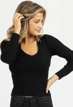 FORE COLLECTION BLACK KNIT COLLAR TIE LONG SLEEVE TOP