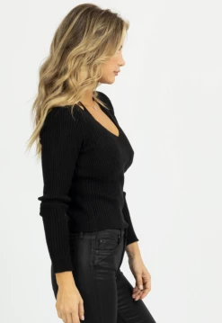 FORE COLLECTION BLACK KNIT COLLAR TIE LONG SLEEVE TOP
