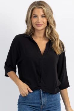 OLIVACEOUS BLACK TWIST HEM COLLARED BLOUSE NEW ARRIVALS