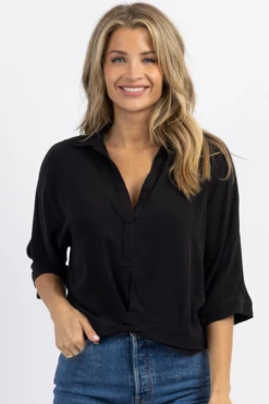 OLIVACEOUS BLACK TWIST HEM COLLARED BLOUSE NEW ARRIVALS