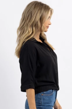 OLIVACEOUS BLACK TWIST HEM COLLARED BLOUSE NEW ARRIVALS