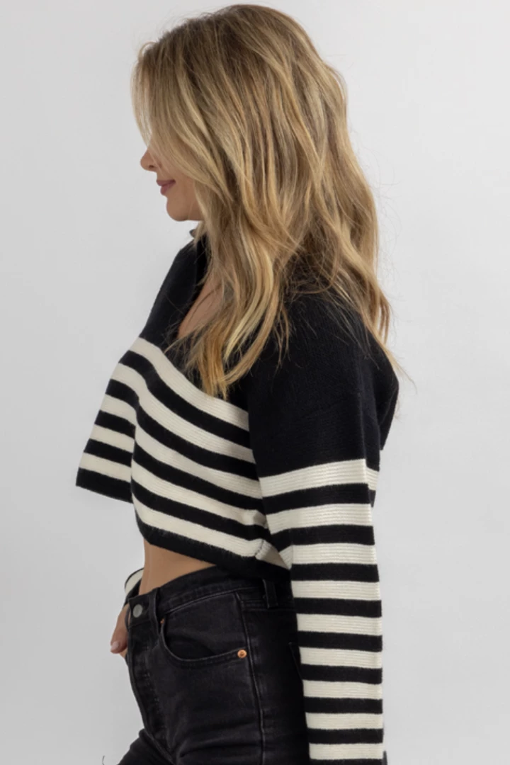 CRESCENT NEW ARRIVALS BLACK CORBIN STRIPED POLO COLLARED TOP 4 CRESCENT NEW ARRIVALS BLACK CORBIN STRIPED POLO COLLARED TOP