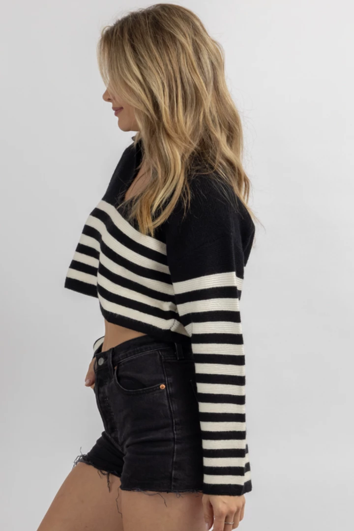 CRESCENT NEW ARRIVALS BLACK CORBIN STRIPED POLO COLLARED TOP 5 CRESCENT NEW ARRIVALS BLACK CORBIN STRIPED POLO COLLARED TOP