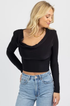 BLUE BLUSH BLACK COWL NECK LONG SLEEVE CROP TOP