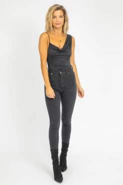 LE LIS BLACK COWL NECK SHOULDER BODYSUIT CLOTHING
