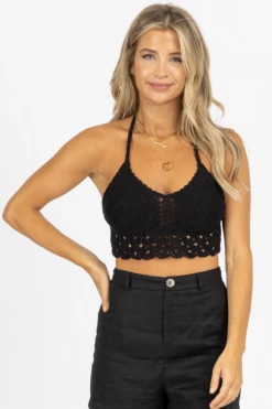MAY BLUE BEST SELLERS BLACK CROCHET TIE BACK CROP *BACK IN STOCK*
