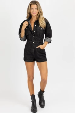 LE LIS NEW ARRIVALS BLACK LONGSLEEVE DENIM BUTTON FRONT ROMPER