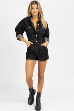 LE LIS NEW ARRIVALS BLACK LONGSLEEVE DENIM BUTTON FRONT ROMPER 9 LE LIS NEW ARRIVALS BLACK LONGSLEEVE DENIM BUTTON FRONT ROMPER