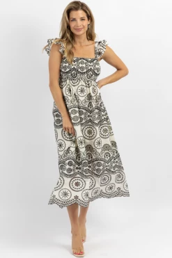SUNDAY UP NEW ARRIVALS BLACK EMBROIDERED EYELET RUFFLE STRAP MIDI DRESS