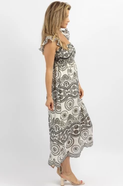 SUNDAY UP NEW ARRIVALS BLACK EMBROIDERED EYELET RUFFLE STRAP MIDI DRESS