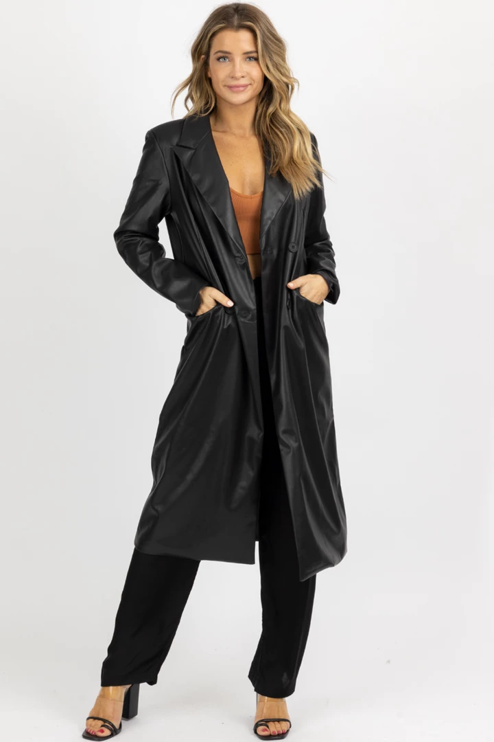 FORE COLLECTION BLACK FAUX LEATHER RELAXED TRENCH COAT NEW ARRIVALS 1 FORE COLLECTION BLACK FAUX LEATHER RELAXED TRENCH COAT NEW ARRIVALS