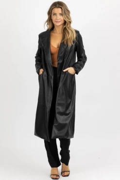 FORE COLLECTION BLACK FAUX LEATHER RELAXED TRENCH COAT NEW ARRIVALS 9 FORE COLLECTION BLACK FAUX LEATHER RELAXED TRENCH COAT NEW ARRIVALS