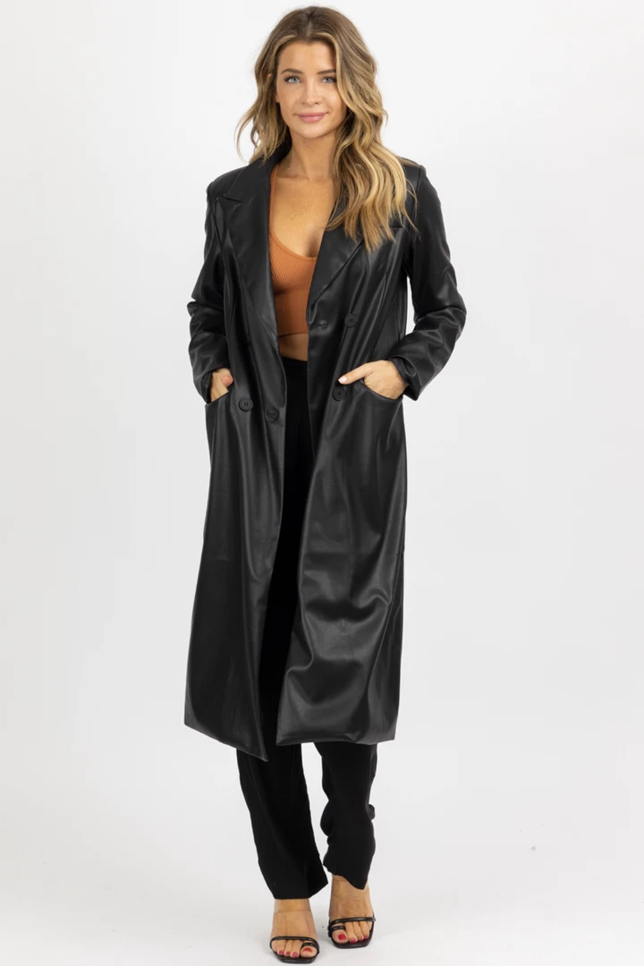 FORE COLLECTION BLACK FAUX LEATHER RELAXED TRENCH COAT NEW ARRIVALS 3 FORE COLLECTION BLACK FAUX LEATHER RELAXED TRENCH COAT NEW ARRIVALS