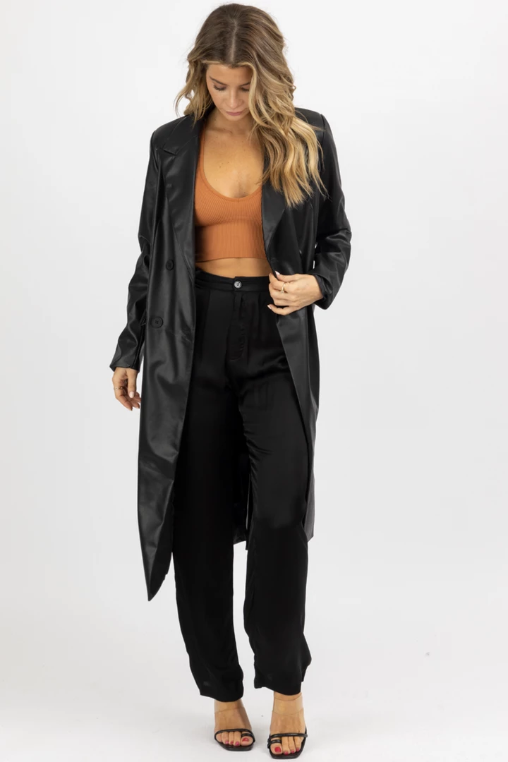 FORE COLLECTION BLACK FAUX LEATHER RELAXED TRENCH COAT NEW ARRIVALS 4 FORE COLLECTION BLACK FAUX LEATHER RELAXED TRENCH COAT NEW ARRIVALS