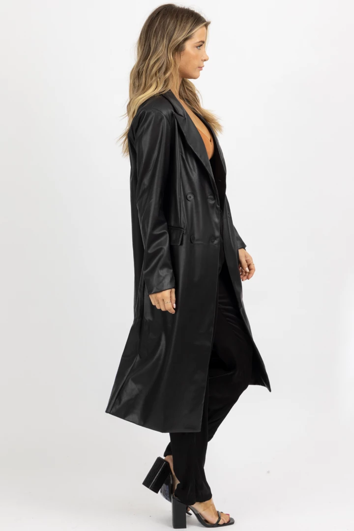 FORE COLLECTION BLACK FAUX LEATHER RELAXED TRENCH COAT NEW ARRIVALS 6 FORE COLLECTION BLACK FAUX LEATHER RELAXED TRENCH COAT NEW ARRIVALS