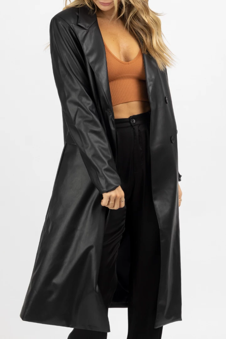 FORE COLLECTION BLACK FAUX LEATHER RELAXED TRENCH COAT NEW ARRIVALS 5 FORE COLLECTION BLACK FAUX LEATHER RELAXED TRENCH COAT NEW ARRIVALS