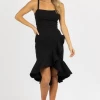 LENA BLACK RUFFLED FIT + FLARE MIDI DRESS