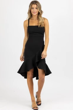 LENA BLACK RUFFLED FIT + FLARE MIDI DRESS