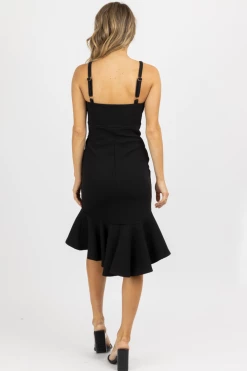 LENA BLACK RUFFLED FIT + FLARE MIDI DRESS