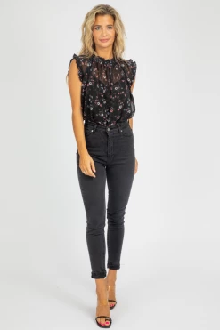 OLIVACEOUS BLACK FLORAL BLOUSE TANK