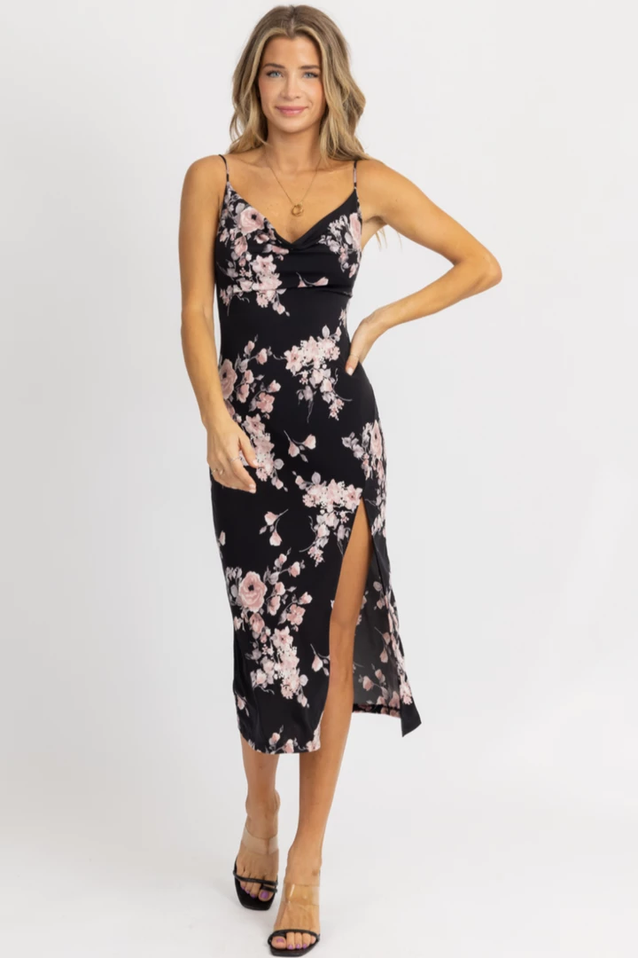LOVELY DAY BLACK COWL NECK FLORAL SLIP MIDI DRESS CLOTHING 4 LOVELY DAY BLACK COWL NECK FLORAL SLIP MIDI DRESS CLOTHING