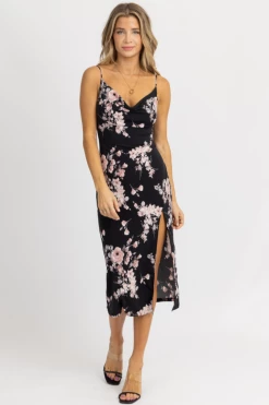 LOVELY DAY BLACK COWL NECK FLORAL SLIP MIDI DRESS CLOTHING