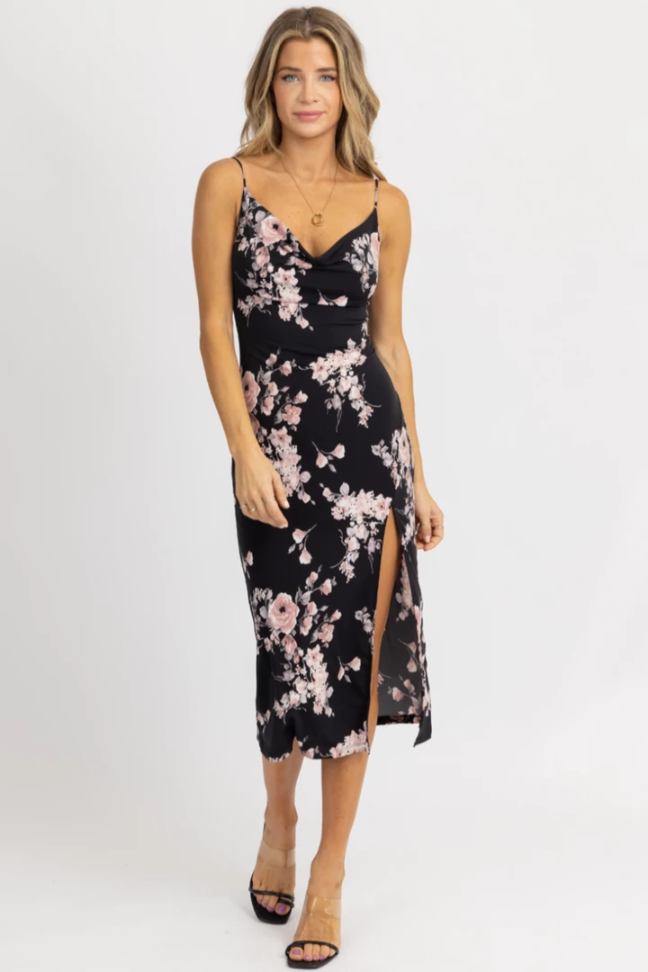 LOVELY DAY BLACK COWL NECK FLORAL SLIP MIDI DRESS CLOTHING 2 LOVELY DAY BLACK COWL NECK FLORAL SLIP MIDI DRESS CLOTHING