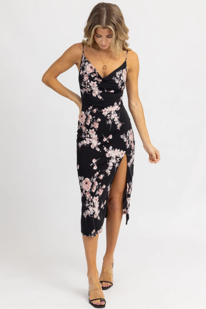 LOVELY DAY BLACK COWL NECK FLORAL SLIP MIDI DRESS CLOTHING 3 LOVELY DAY BLACK COWL NECK FLORAL SLIP MIDI DRESS CLOTHING