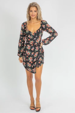 DEE ELLY CLOTHING BLACK FLORAL ENVELOPE MINI DRESS