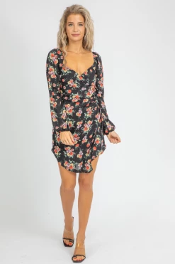 DEE ELLY CLOTHING BLACK FLORAL ENVELOPE MINI DRESS