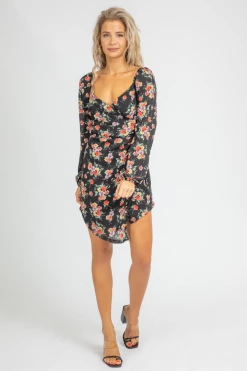 DEE ELLY CLOTHING BLACK FLORAL ENVELOPE MINI DRESS