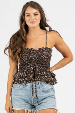 SHE & SKY NEW ARRIVALS BLACK PRINT RUCHED + SMOCKED TOP CAMI 7 SHE & SKY NEW ARRIVALS BLACK PRINT RUCHED + SMOCKED TOP CAMI
