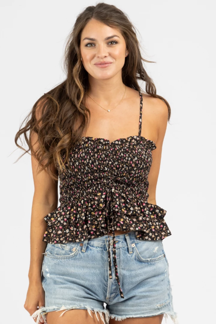 SHE & SKY NEW ARRIVALS BLACK PRINT RUCHED + SMOCKED TOP CAMI 1 SHE & SKY NEW ARRIVALS BLACK PRINT RUCHED + SMOCKED TOP CAMI