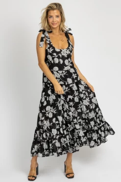 OLIVACEOUS NEW ARRIVALS BLACK FLORAL TIE STRAP MAXI